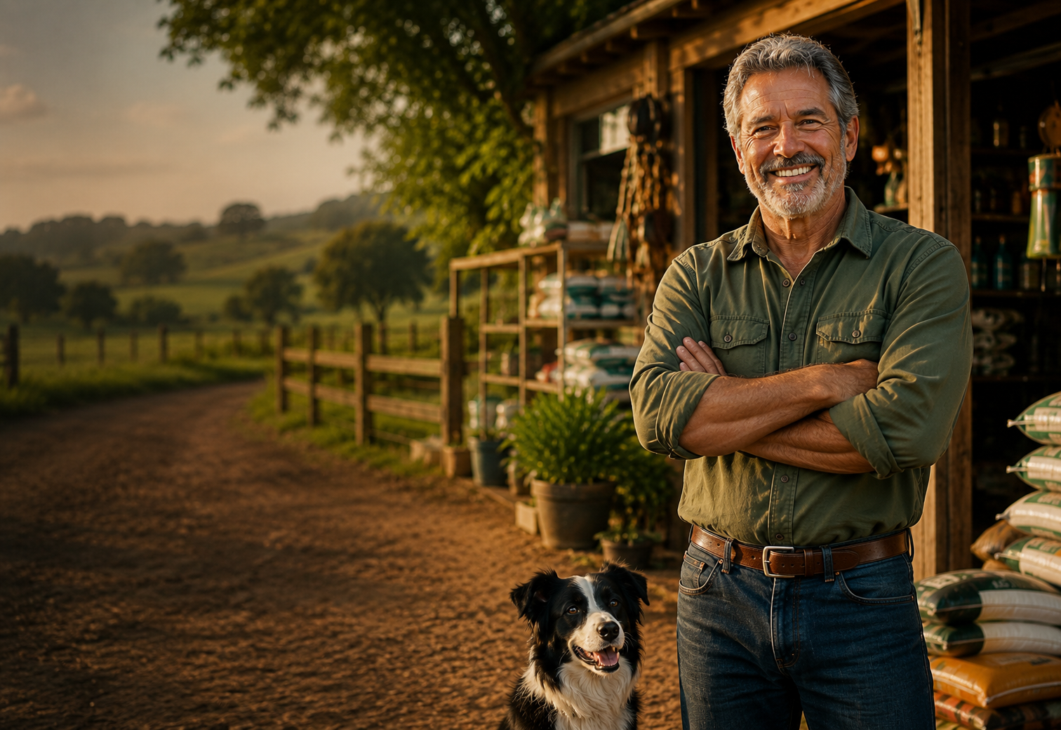 Proprietário da Agro Campo com cão na entrada da loja, com campo ao fundo